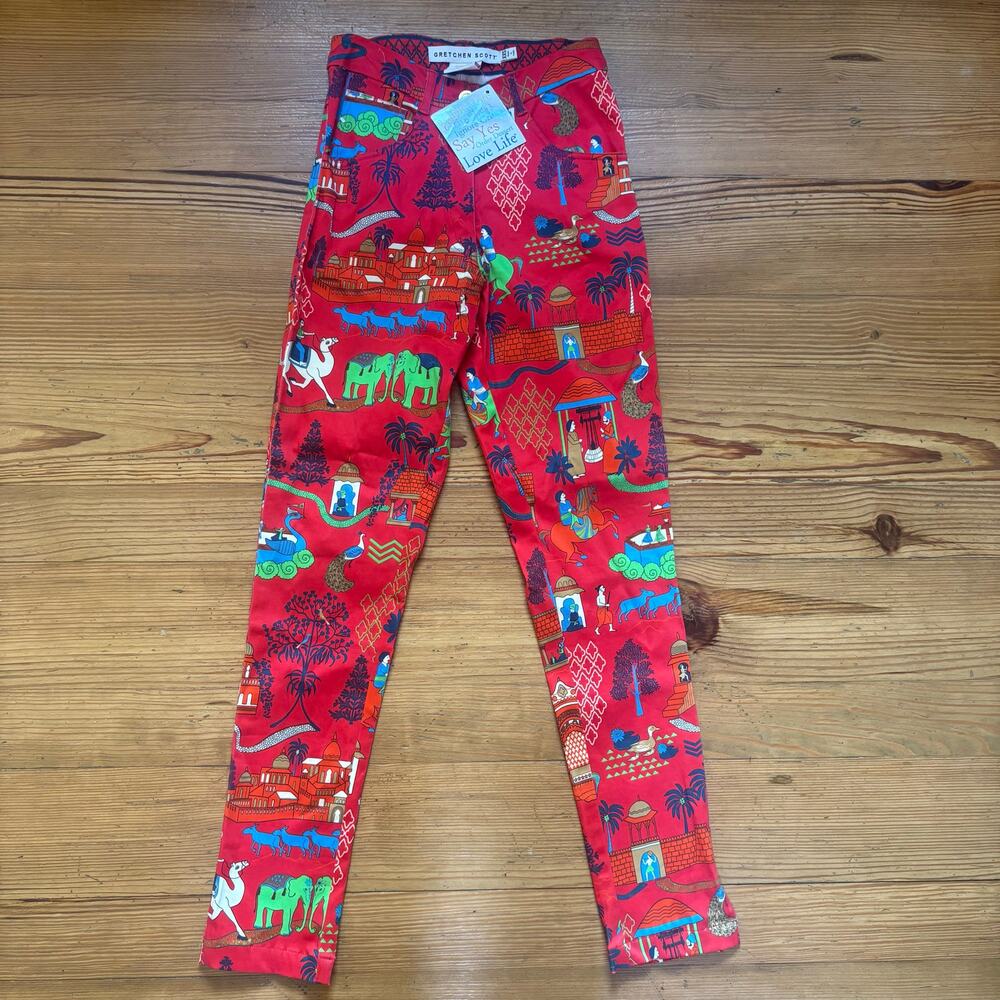NWT‎ Gretchen Scott red Asian print high rise skinny pants SIZE XXS
